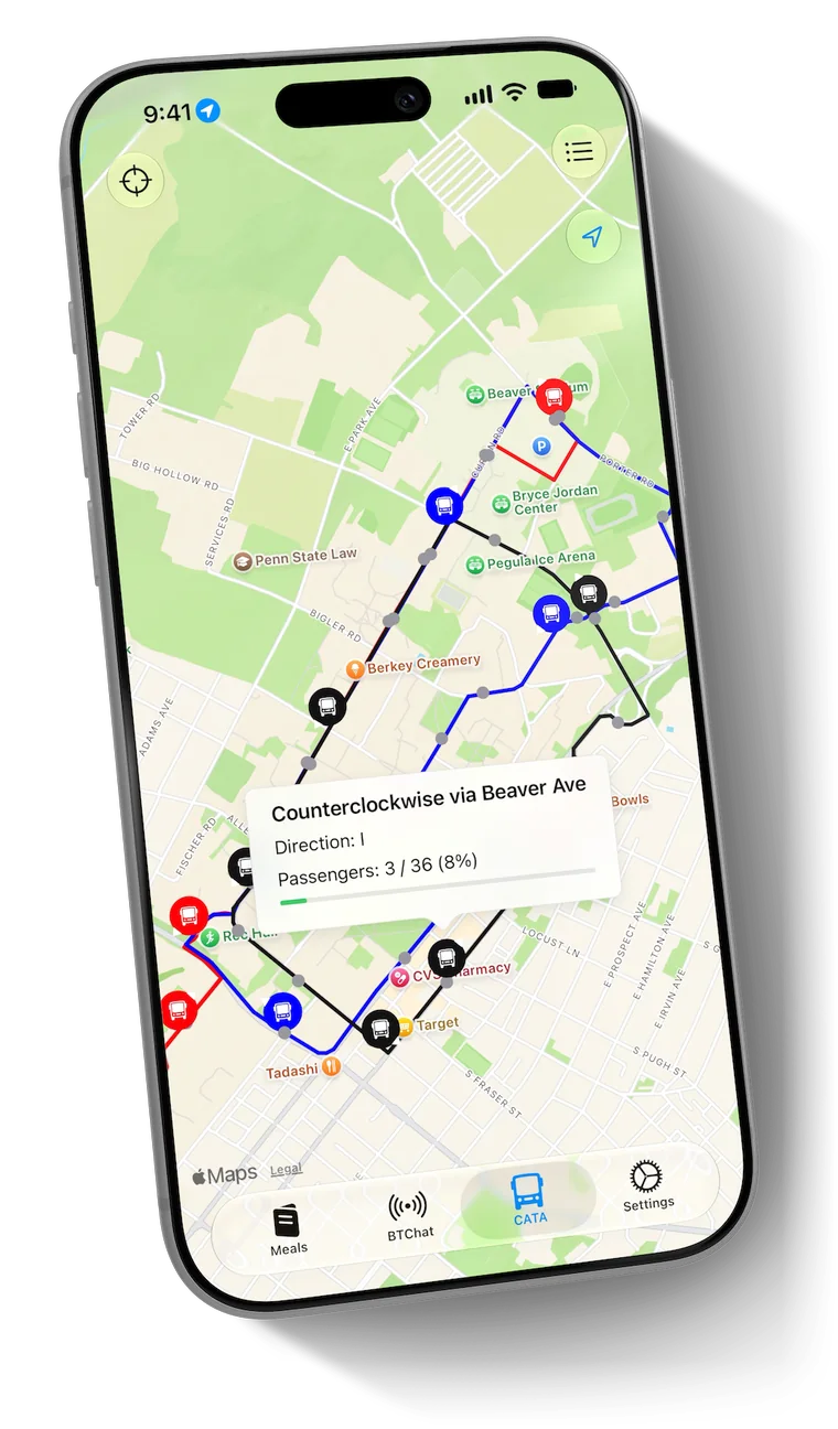 A bus on the CATA map in Halls, counterclockwise via Beaver Ave with 3 of 36 seats taken
