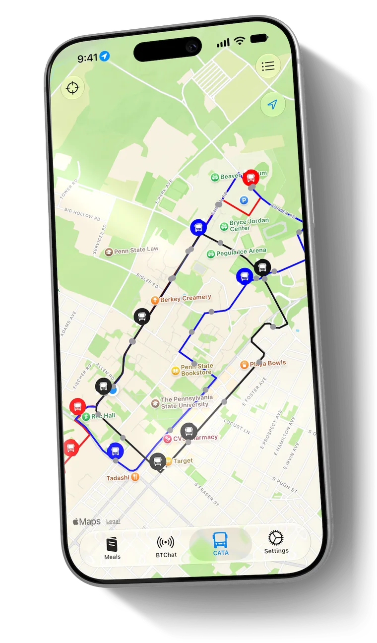 CATA map in Halls with buses on their routes around campus