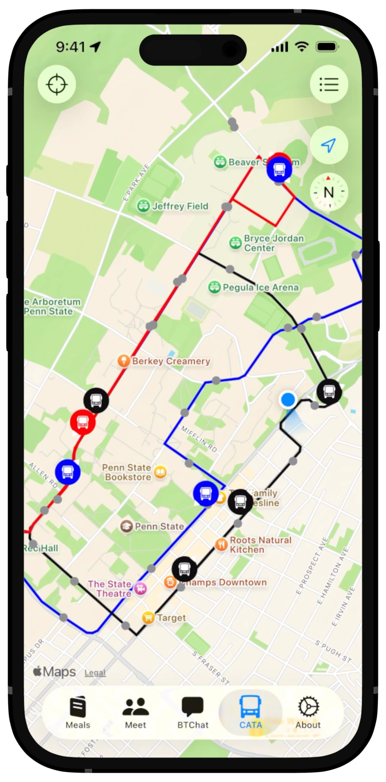 Full iPhone render of CATA buses, routes and stops at Penn State