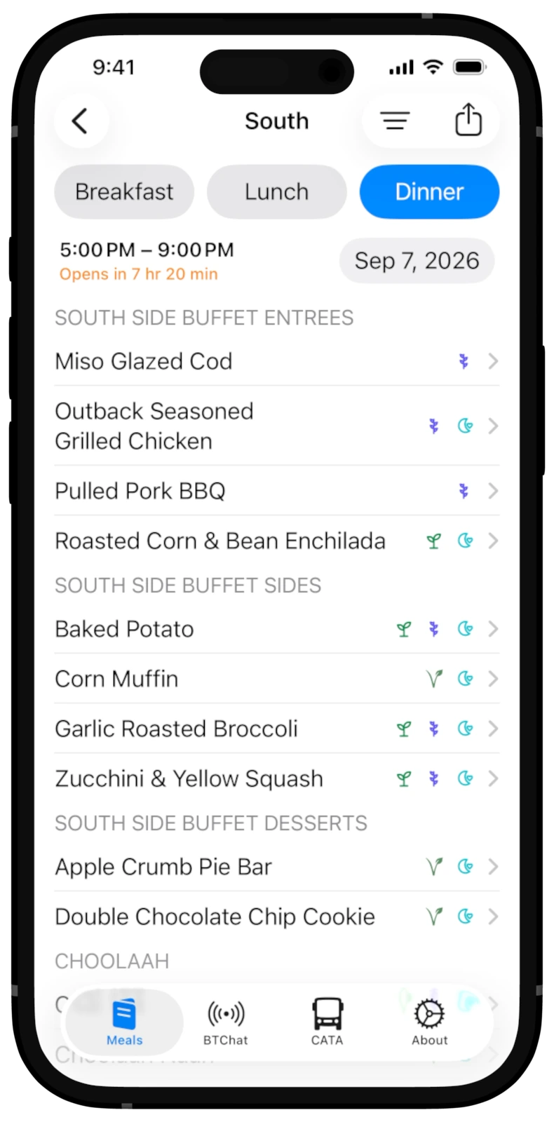 South dinner menu with dietary labels