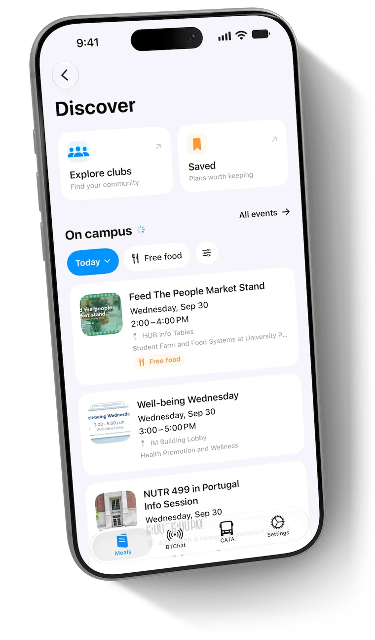 Discover showing today’s campus events with the free food filter