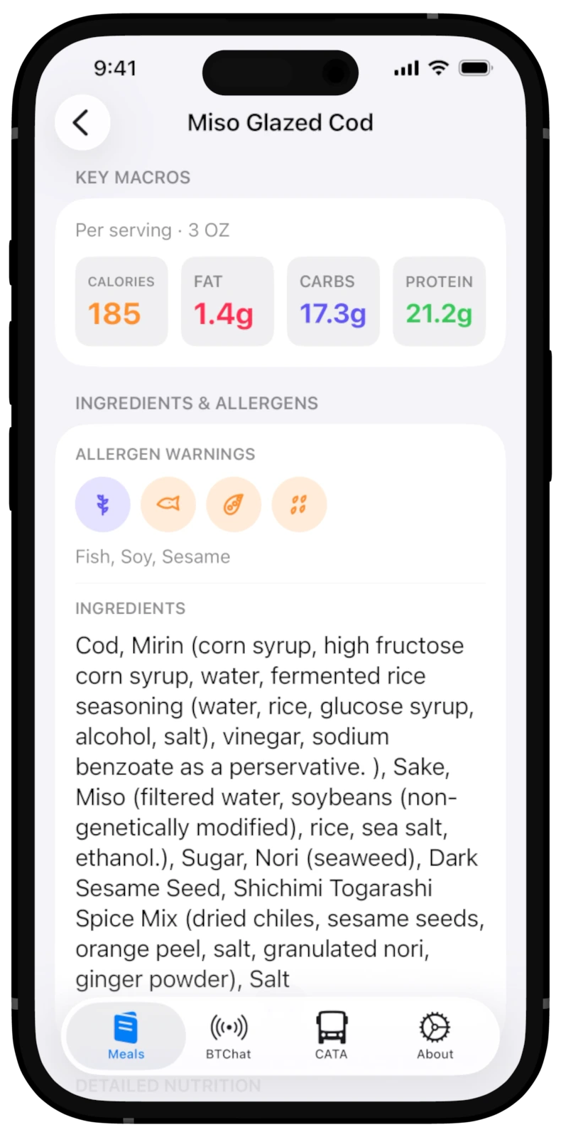 Complete nutrition details screen with macros, ingredients and allergens